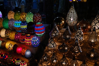 a group of colorfully decorated lamps