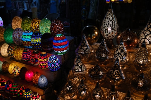 a group of colorfully decorated lamps