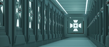 a hallway with glass doors