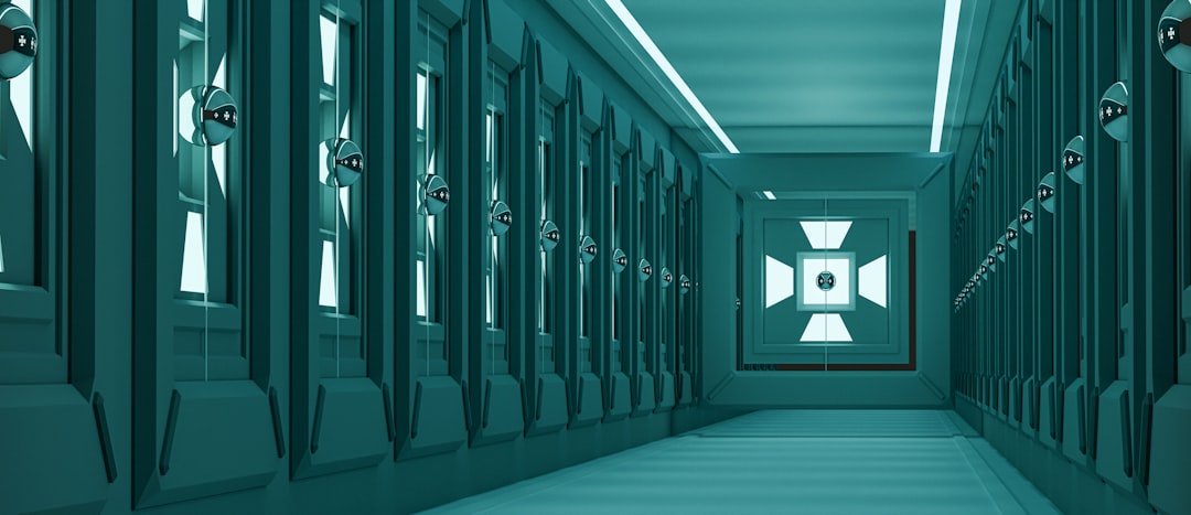 a hallway with glass doors,