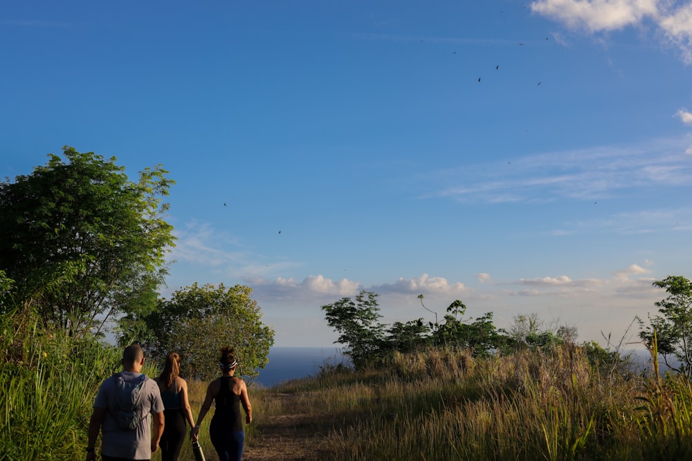 a group of people walking on a path with grass and trees