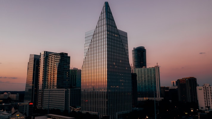 a city skyline at sunset