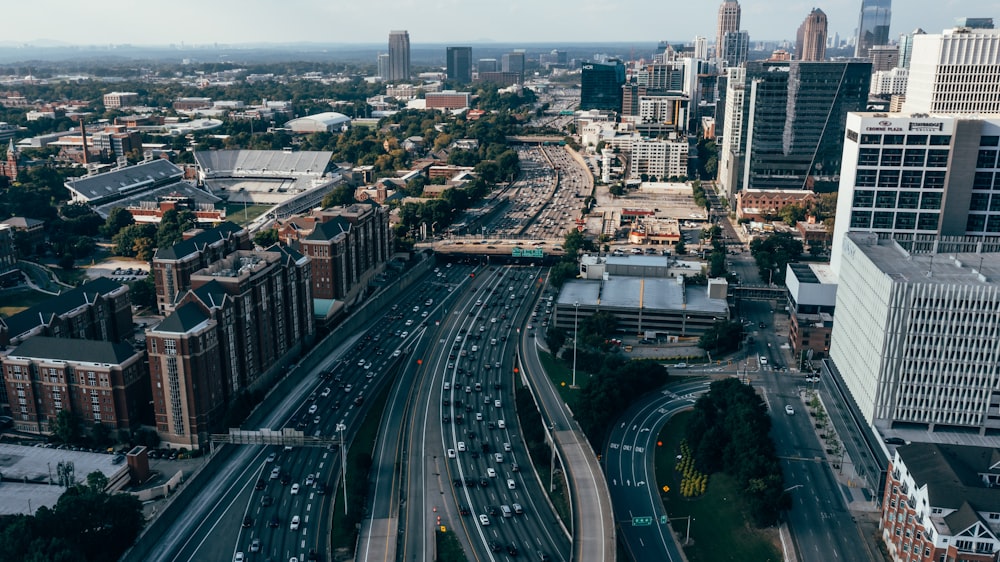 a city with a freeway and buildings