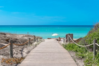 a wooden walkway to a beach