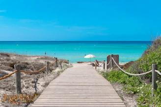 a wooden walkway to a beach