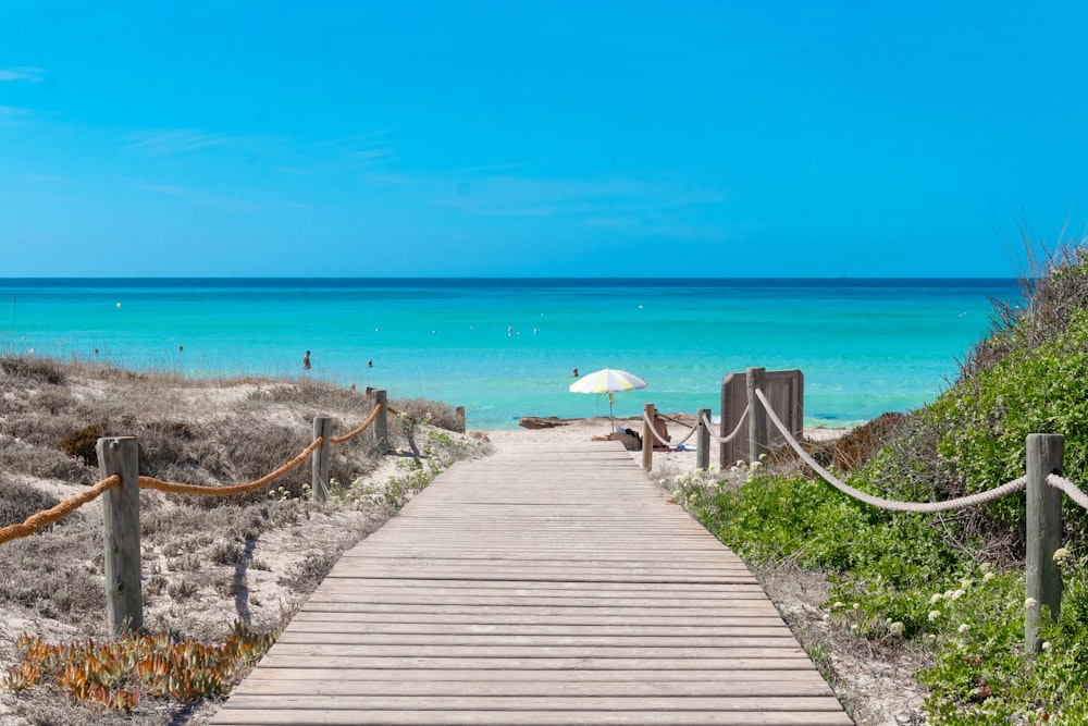 a wooden walkway to a beach