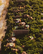 Aerial view of luxury beachfront villas surrounded by lush greenery and palm trees. The villas have unique thatched roofing and private circular pools. The sandy beach and ocean are visible on the left side.