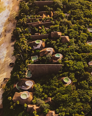 Aerial view of luxury beachfront villas surrounded by lush greenery and palm trees. The villas have unique thatched roofing and private circular pools. The sandy beach and ocean are visible on the left side.