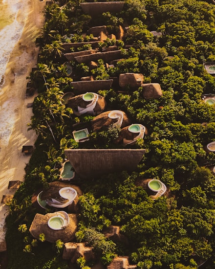 Aerial view of luxury beachfront villas surrounded by lush greenery and palm trees. The villas have unique thatched roofing and private circular pools. The sandy beach and ocean are visible on the left side.