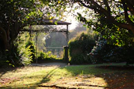 A modern steel gazebo set up in a tranquil garden.