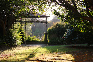 A verdeluxe garden gazebo set up in a lush backyard, showcasing its sturdy frame and elegant design under soft sunlight.