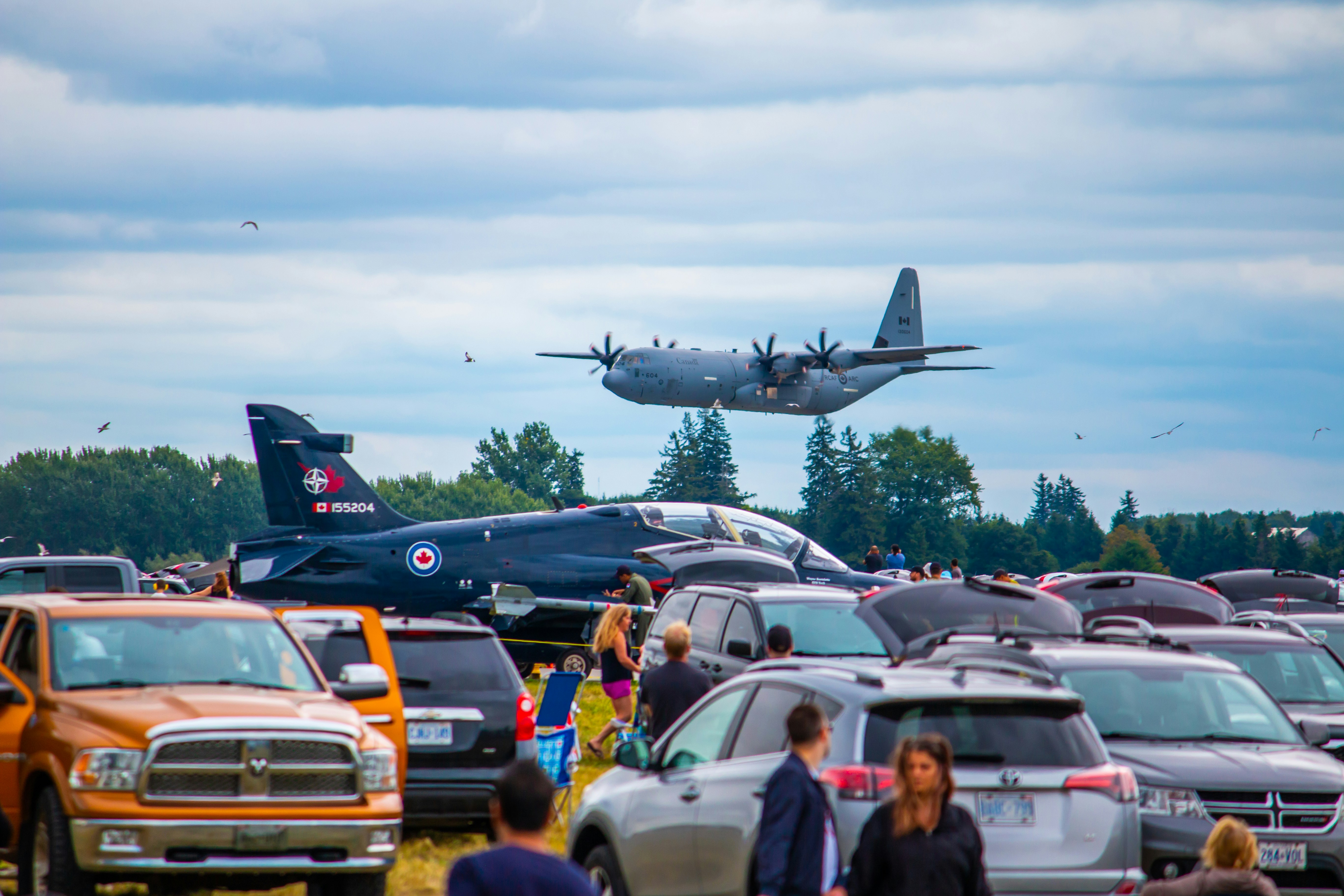 a group of people are standing near cars and an airplane