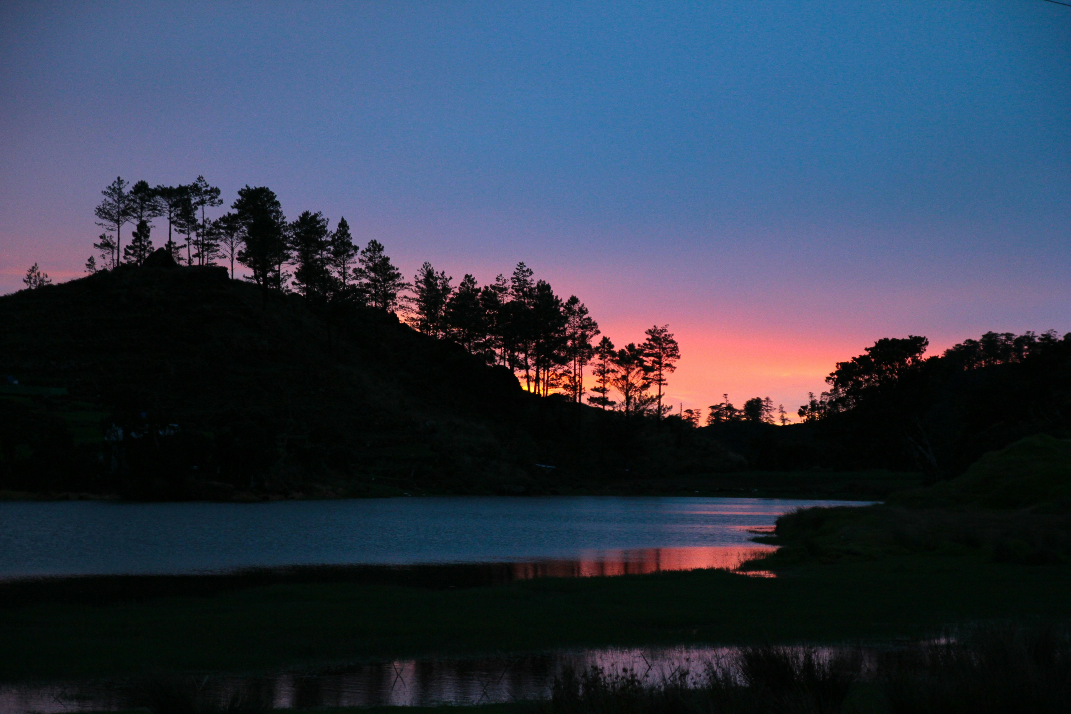 a body of water with trees and a hill in the background