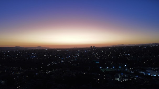 A panoramic cityscape captured at dusk, symbolizing global reach.