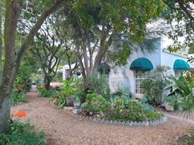 A serene garden pathway with lush greenery and vibrant orange flowers leads to a white house with green awnings. The garden is abundant with various plants, trees, and ornamental pots, creating a peaceful, natural atmosphere. The pathway is lined with small pebbles, complementing the rich plant life.