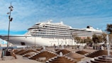 A large cruise ship is docked near a well-maintained park area with water fountains. People are seen sitting and walking around, with clear blue skies overhead and some trees along the walkway.