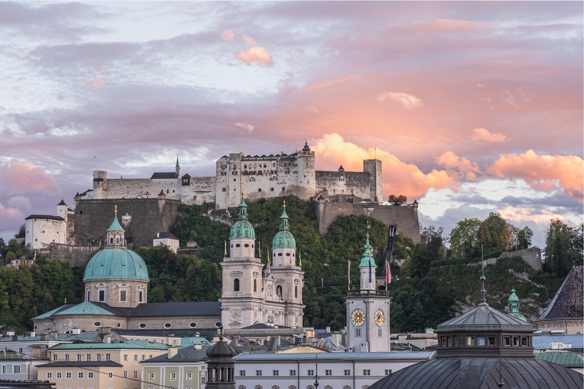 April tulip beds in Mirabell Gardens with Hohensalzburg Fortress backdrop