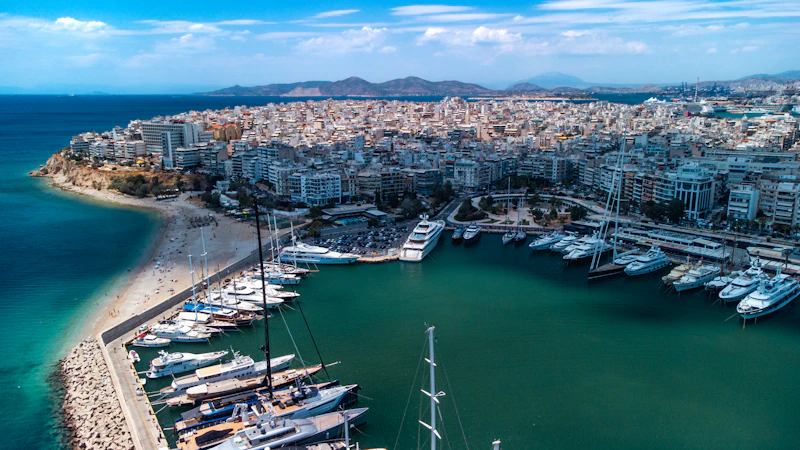 Piraeus port harbour filled with ferries and boats near Athens