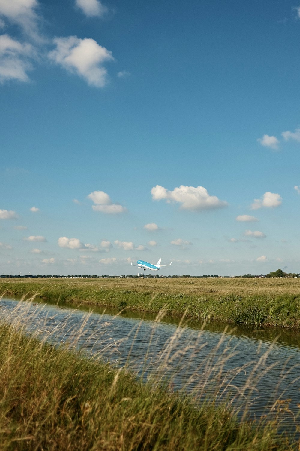 a plane flying over a marsh