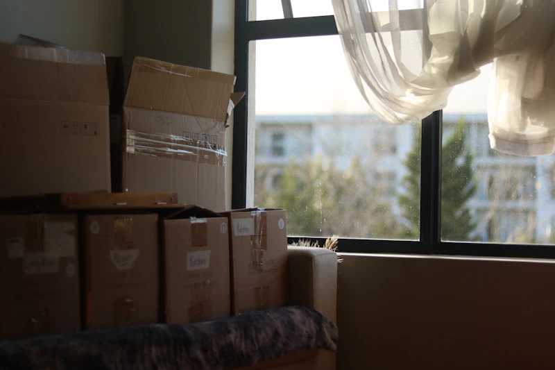 Boxes stacked by a bright window mid-move