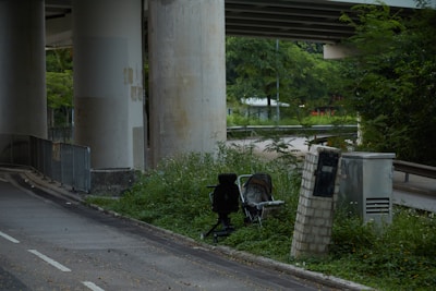 Underneath a highway overpass, there is a patch of overgrown grass and weeds surrounding a leaning concrete post. An abandoned office chair and a baby stroller are placed among the foliage. The scene is shadowed by large concrete pillars supporting the overpass, and a sidewalk lines the adjacent road.