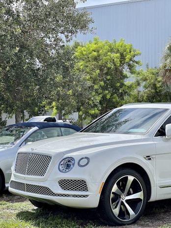 A white luxury SUV is parked outdoors near trees. The vehicle features a distinctive front grille and large wheels. Another car is partially visible in the background, with lush greenery surrounding the scene.