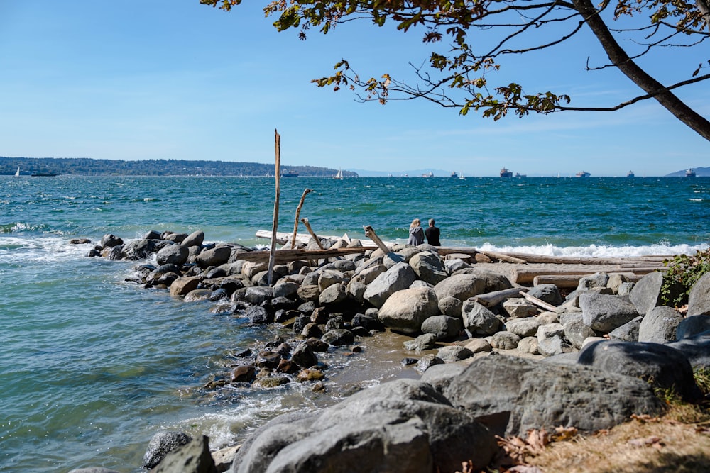 a group of people standing on rocks by the water