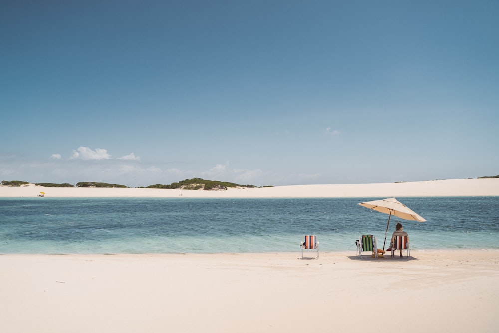 a couple of people sit under an umbrella on a beach