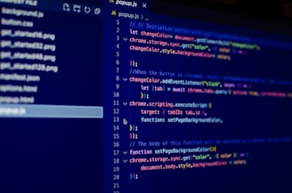 The image displays a computer screen with a code editor open. The code editor contains a JavaScript file named popup.js. Lines of code are written with various syntax coloring, typical for JavaScript. On the left side of the screen, there is a file explorer showing a list of files and directories.