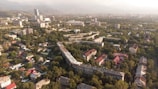 An aerial view of a cityscape with a mix of residential and commercial buildings surrounded by abundant greenery. In the background, mountains are visible under a cloudy sky. The residential area features houses with colorful roofs, while taller buildings can be seen in the distance.
