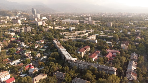 An aerial view of a cityscape with a mix of residential and commercial buildings surrounded by abundant greenery. In the background, mountains are visible under a cloudy sky. The residential area features houses with colorful roofs, while taller buildings can be seen in the distance.