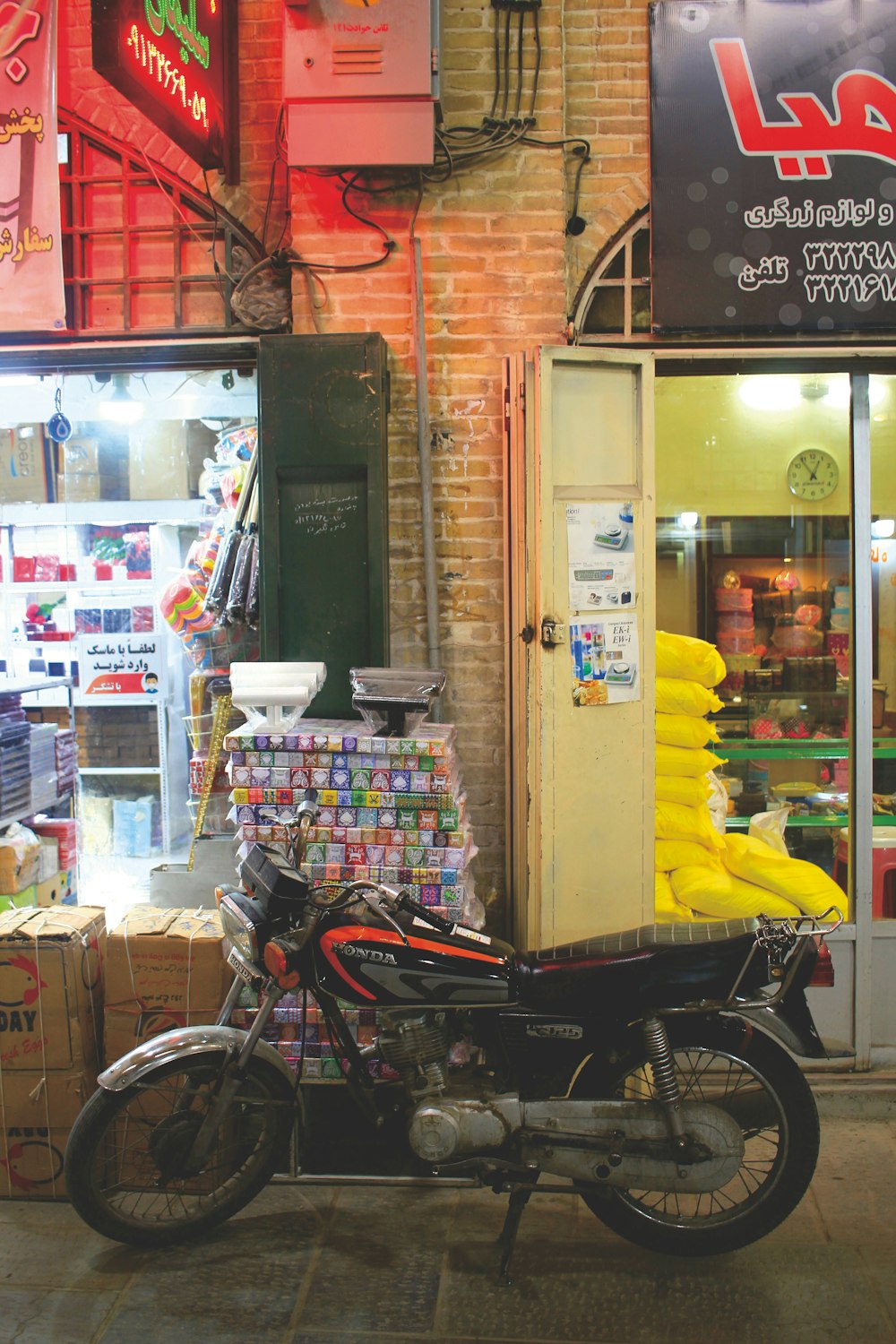 a motorcycle parked outside a store