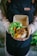 A person wearing a dark apron holds a cardboard container with a meal. The container includes rice topped with crispy fried onions, tofu, and a side of fresh greens such as lettuce and slices of cucumber and tomato.