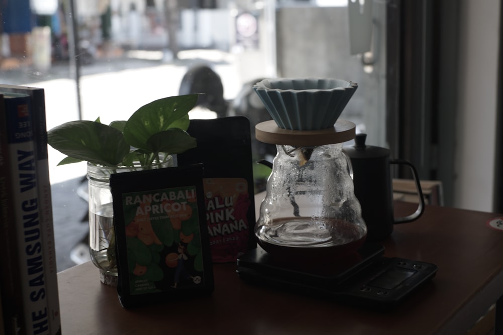a coffee maker with a plant in the background