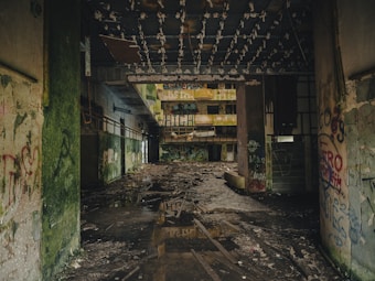 An abandoned industrial building with graffitied walls and mold covering many surfaces. The ceiling shows signs of decay with peeling material, and the floor is littered with debris and puddles. Light filters through openings, highlighting the dilapidation.