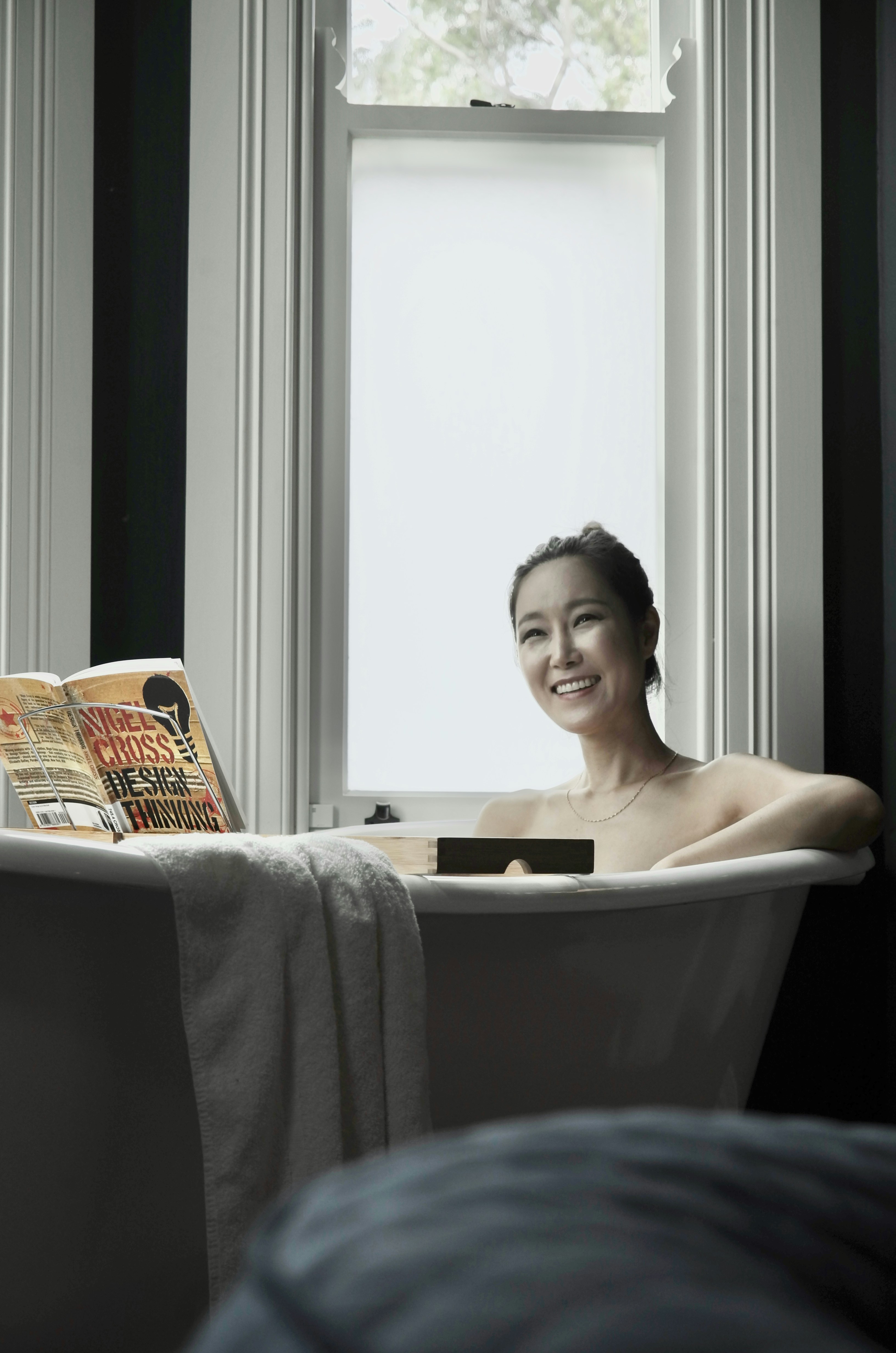 a woman sitting on a couch