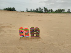 a group of surfboards on a sandy beach