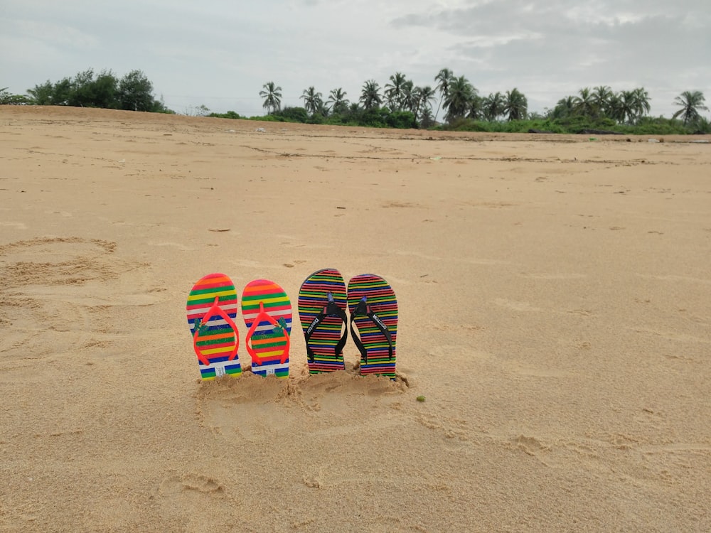 a group of surfboards on a sandy beach