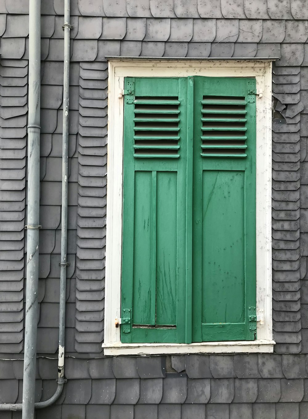 a green window on a brick building