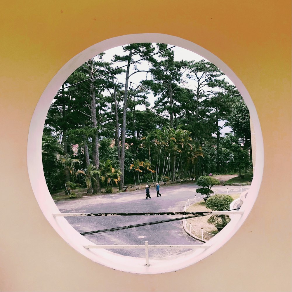 a yellow circle with trees in the background