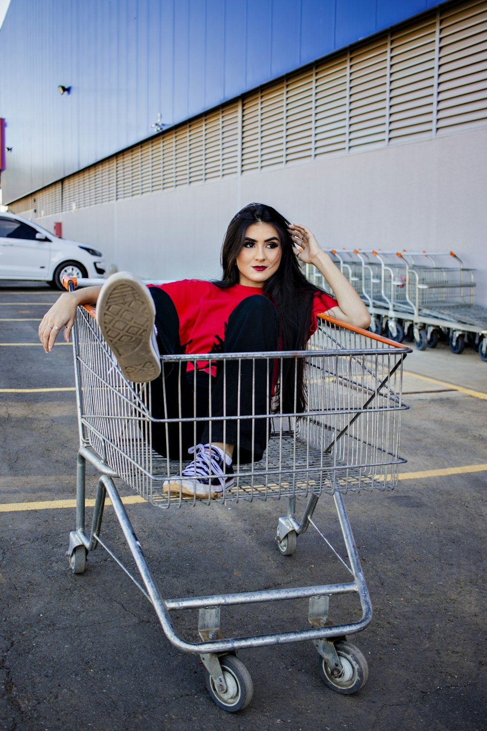 a person sitting in a shopping cart