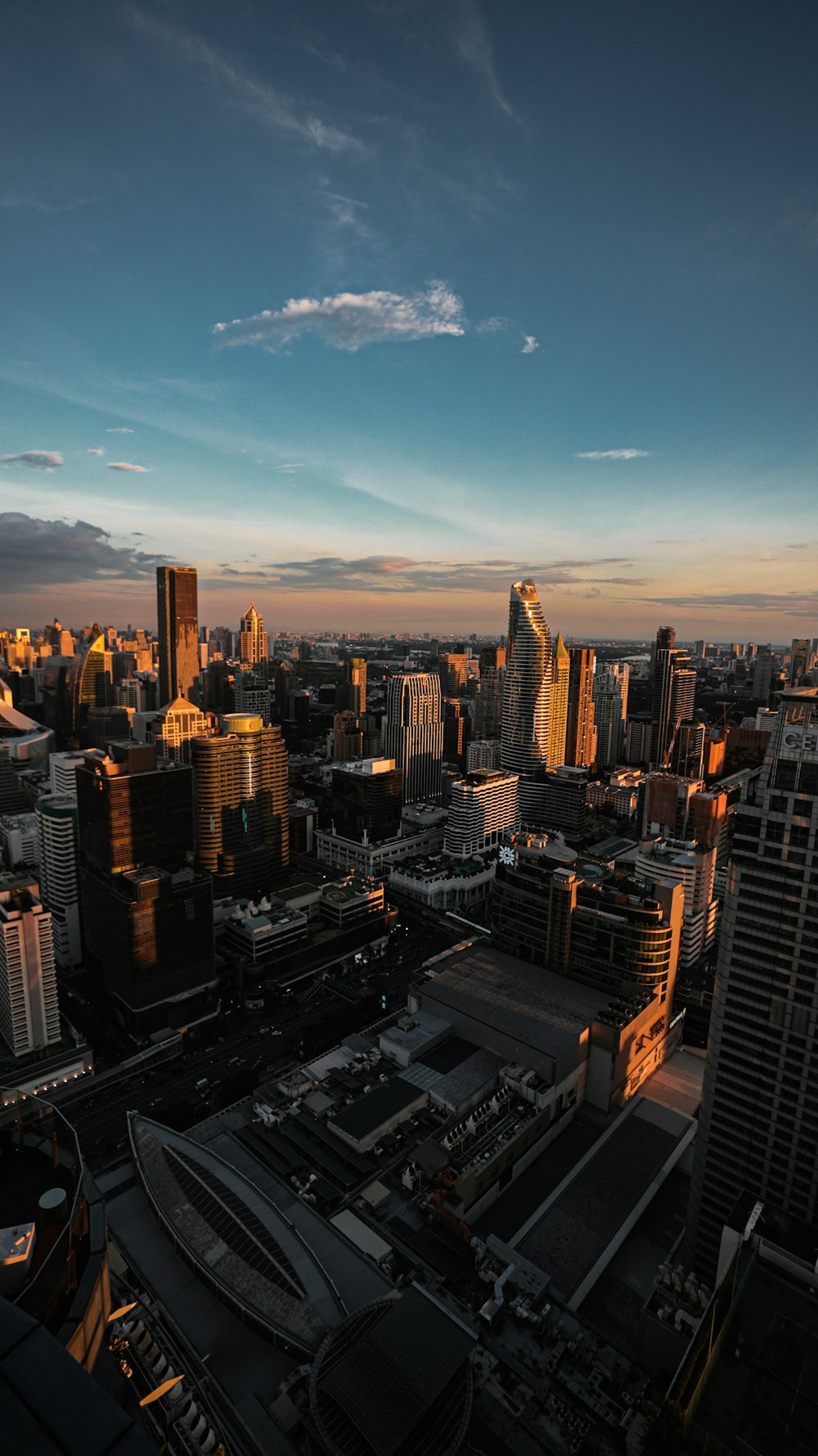 a city skyline at sunset