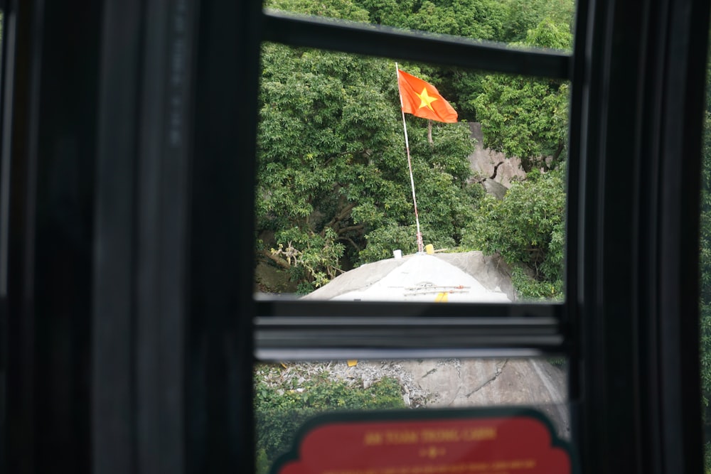 a flag from a window