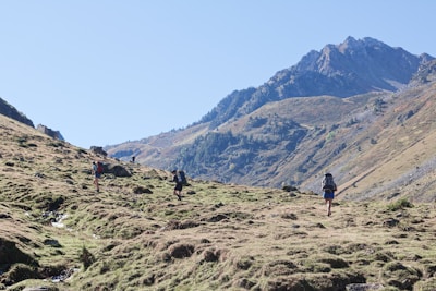 A group of hikers crossing a rugged Himalayan trail under clear blue skies.