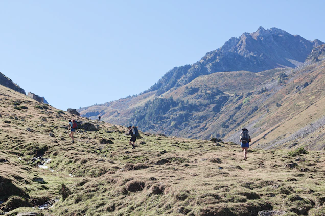 A panoramic view of hikers trekking along a rugged mountain path with lush green valleys and towering peaks under a clear blue sky.