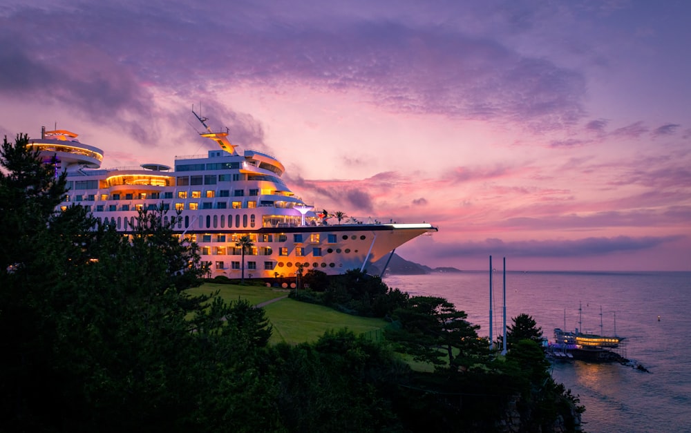 a cruise ship docked at a port