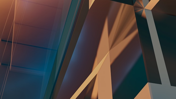 Abstract geometric shapes create a complex composition, with sharp lines and intersecting planes of translucent material. The interplay of light creates interesting shadows and highlights, giving depth and dimension to the scene.