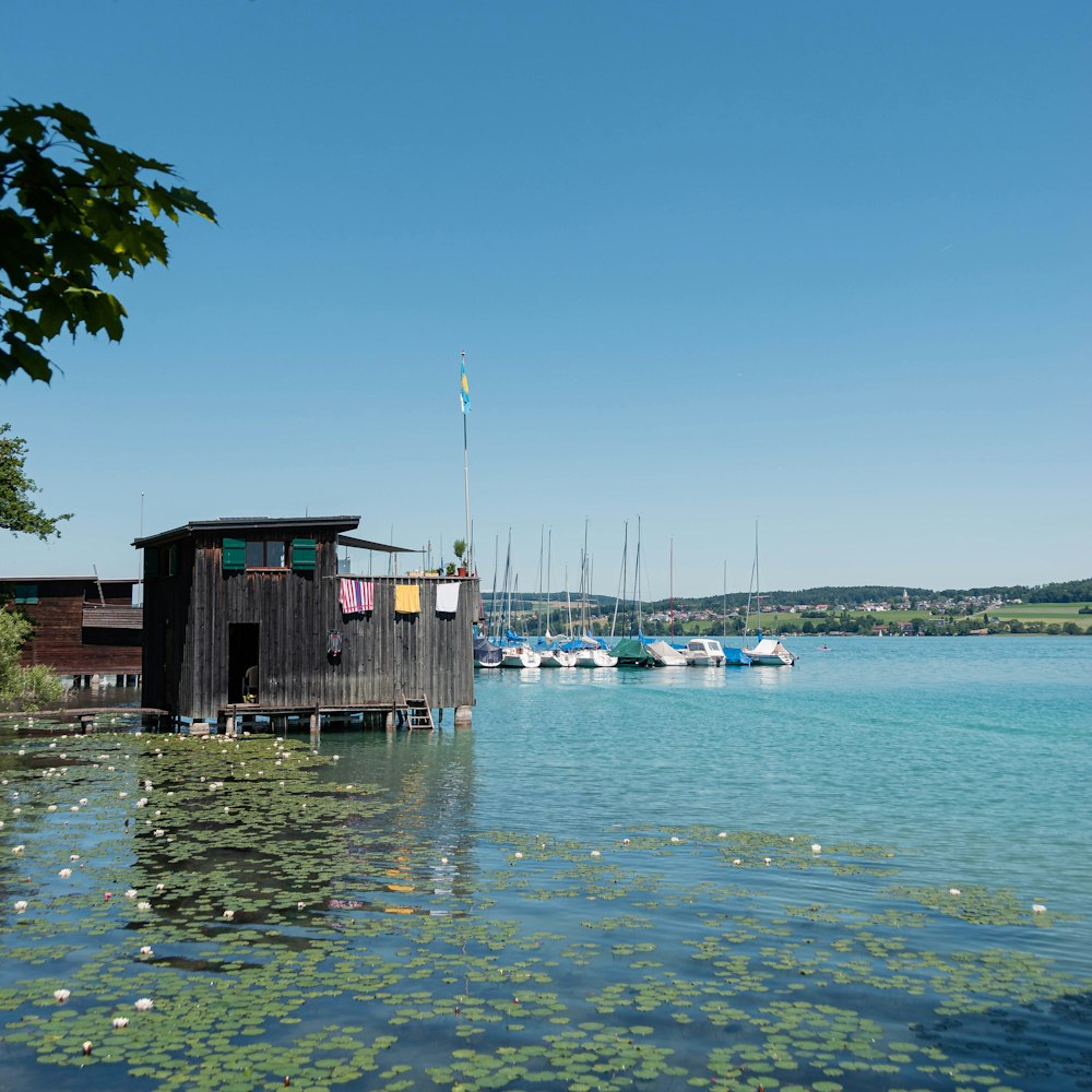 a dock with boats in the water