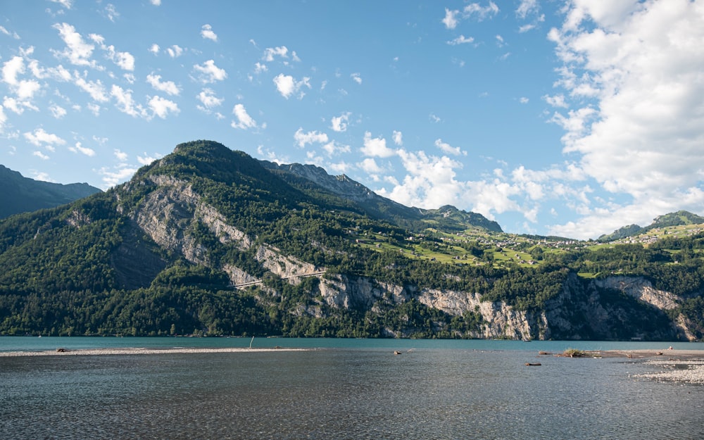 a body of water with a mountain in the background