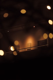 An art gallery or museum space dimly lit with warm lights. Several artworks or informational placards hang on the walls. The view is slightly obscured by out-of-focus circular lights, creating a bokeh effect.